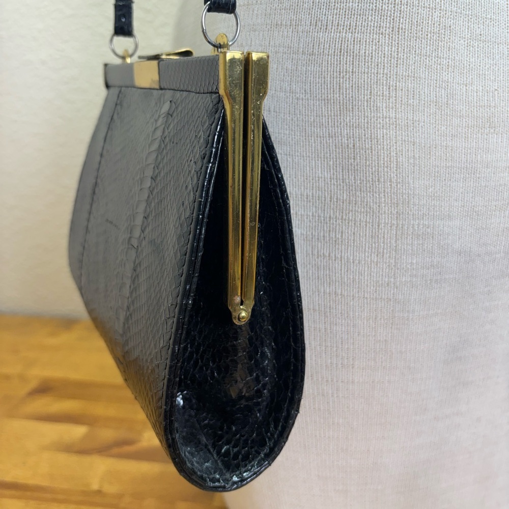 Vintage Black Genuine Lizard Skin Frame Bag - Suede Lined - Picture 8 of 13